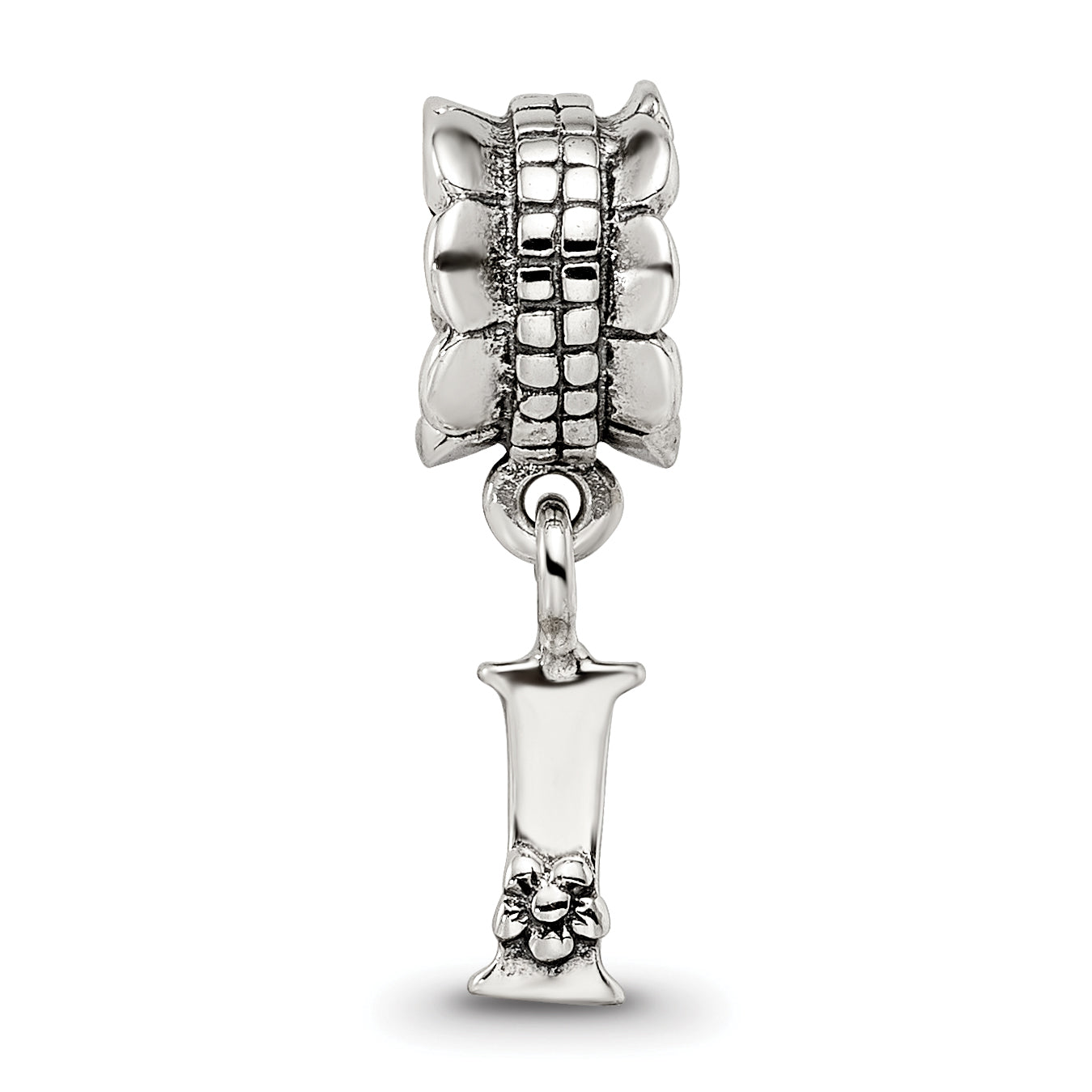 Sterling Silver 925 Antiqued Letter 'I' Dangle Bead  Elegant Cast Design