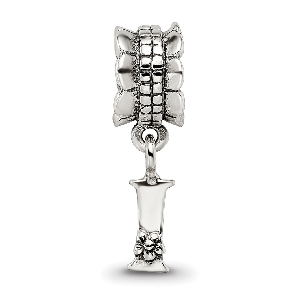 Sterling Silver 925 Antiqued Letter 'I' Dangle Bead  Elegant Cast Design