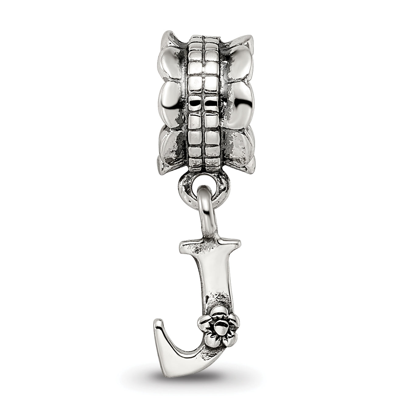 Sterling Silver 925 Letter J Dangle Bead with Antiqued Finish