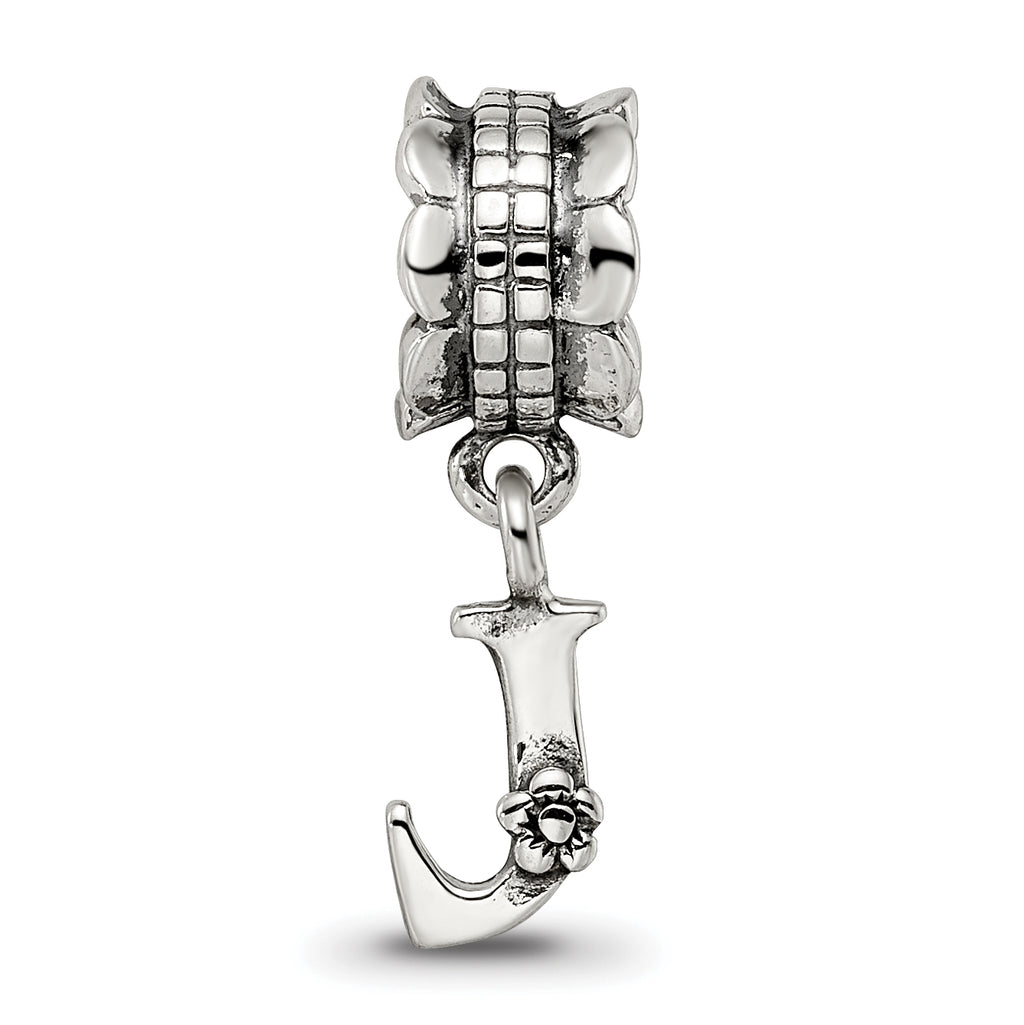Sterling Silver 925 Letter J Dangle Bead with Antiqued Finish