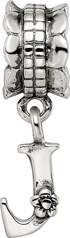 Sterling Silver 925 Letter J Dangle Bead with Antiqued Finish