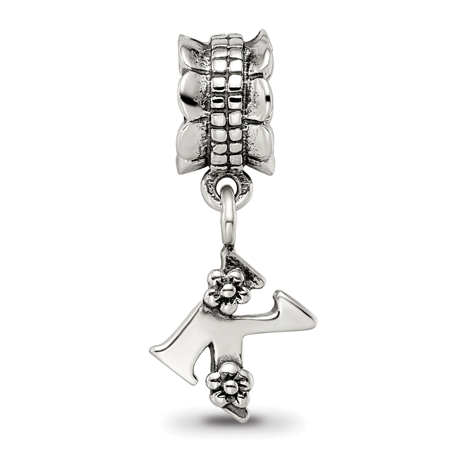 Sterling Silver 925 Letter K Dangle Bead with Antiqued Finish Solid Charm