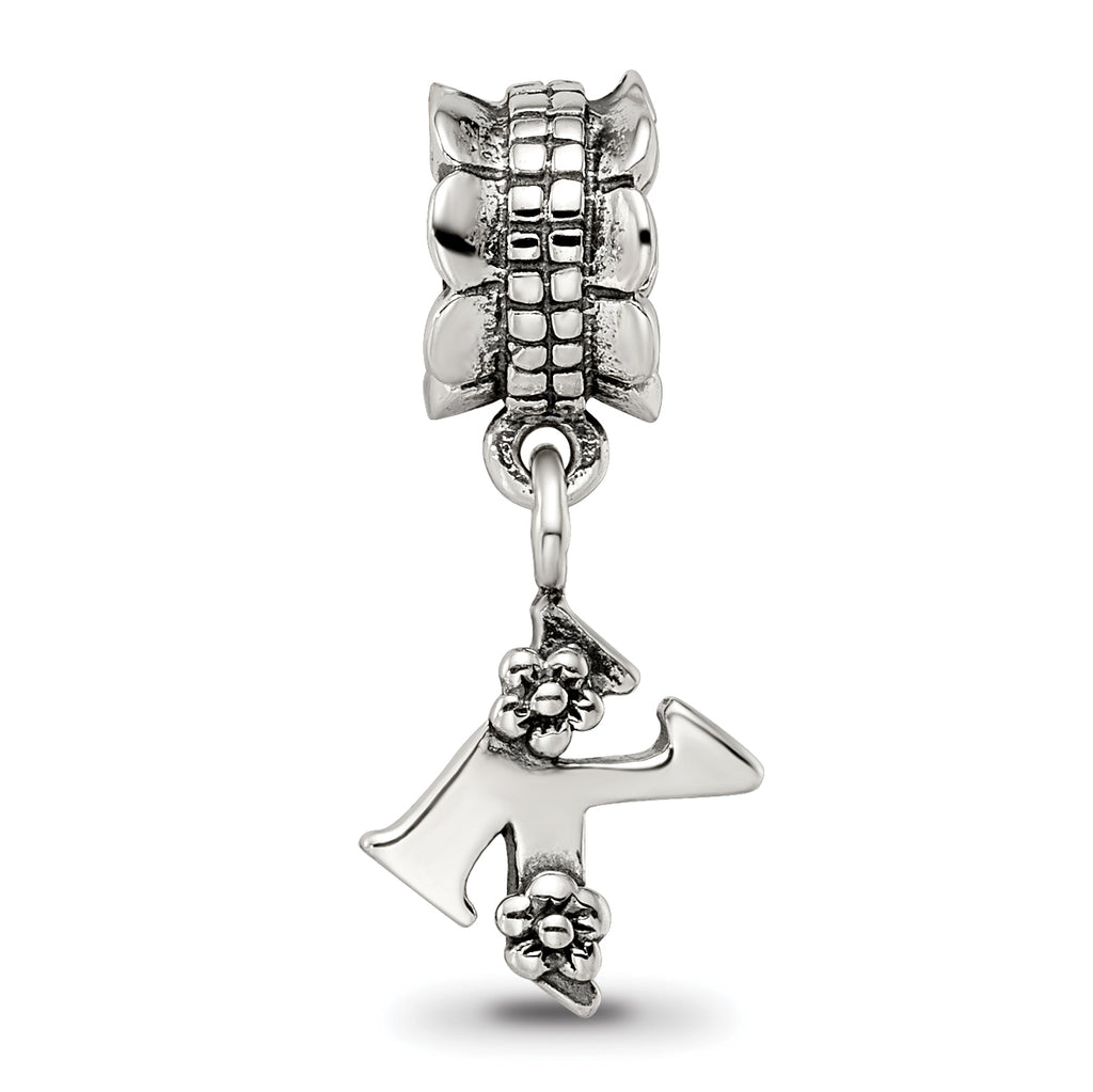 Sterling Silver 925 Letter K Dangle Bead with Antiqued Finish Solid Charm