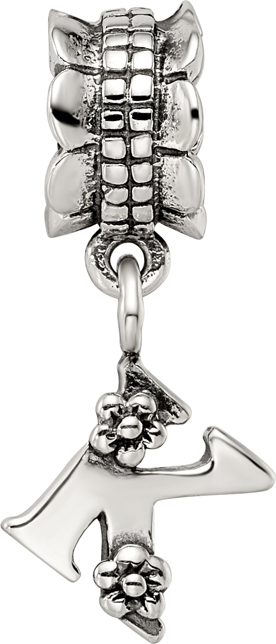 Sterling Silver 925 Letter K Dangle Bead with Antiqued Finish Solid Charm