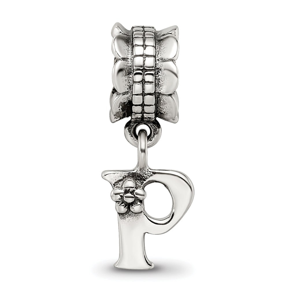 Sterling Silver 925 Letter P Dangle Bead with Antique Finish Solid