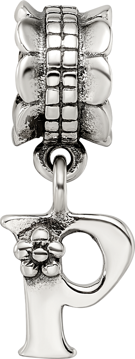 Sterling Silver 925 Letter P Dangle Bead with Antique Finish Solid