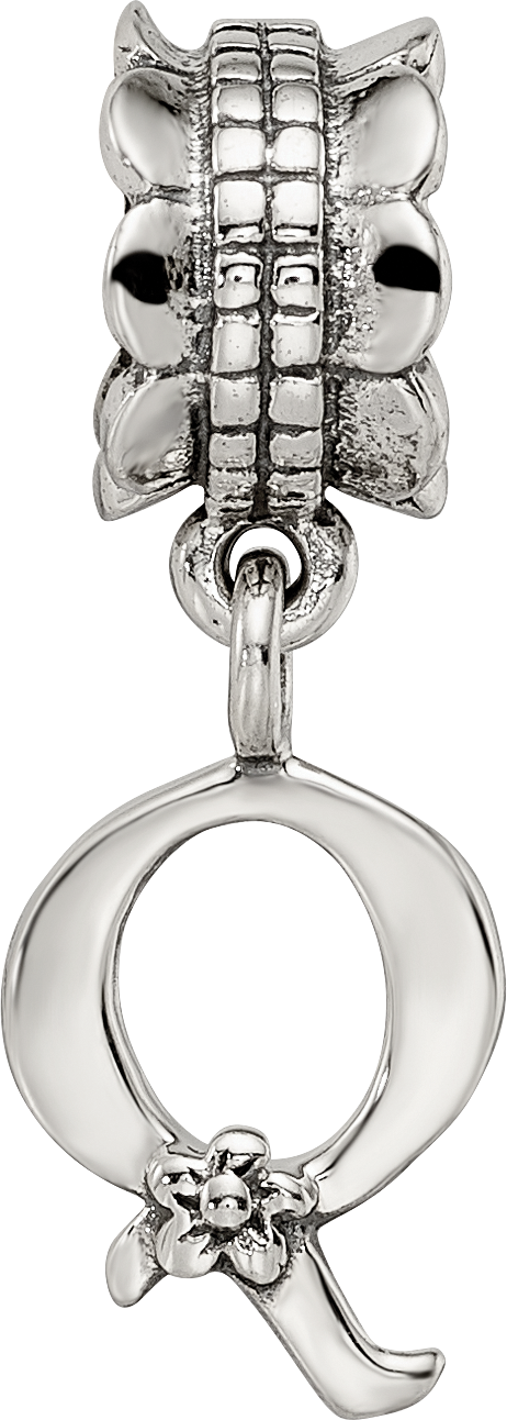 Sterling Silver 925 Antiqued Letter Q Dangle Bead Solid Cast Design