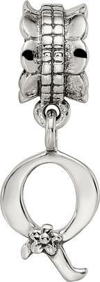 Sterling Silver 925 Antiqued Letter Q Dangle Bead Solid Cast Design