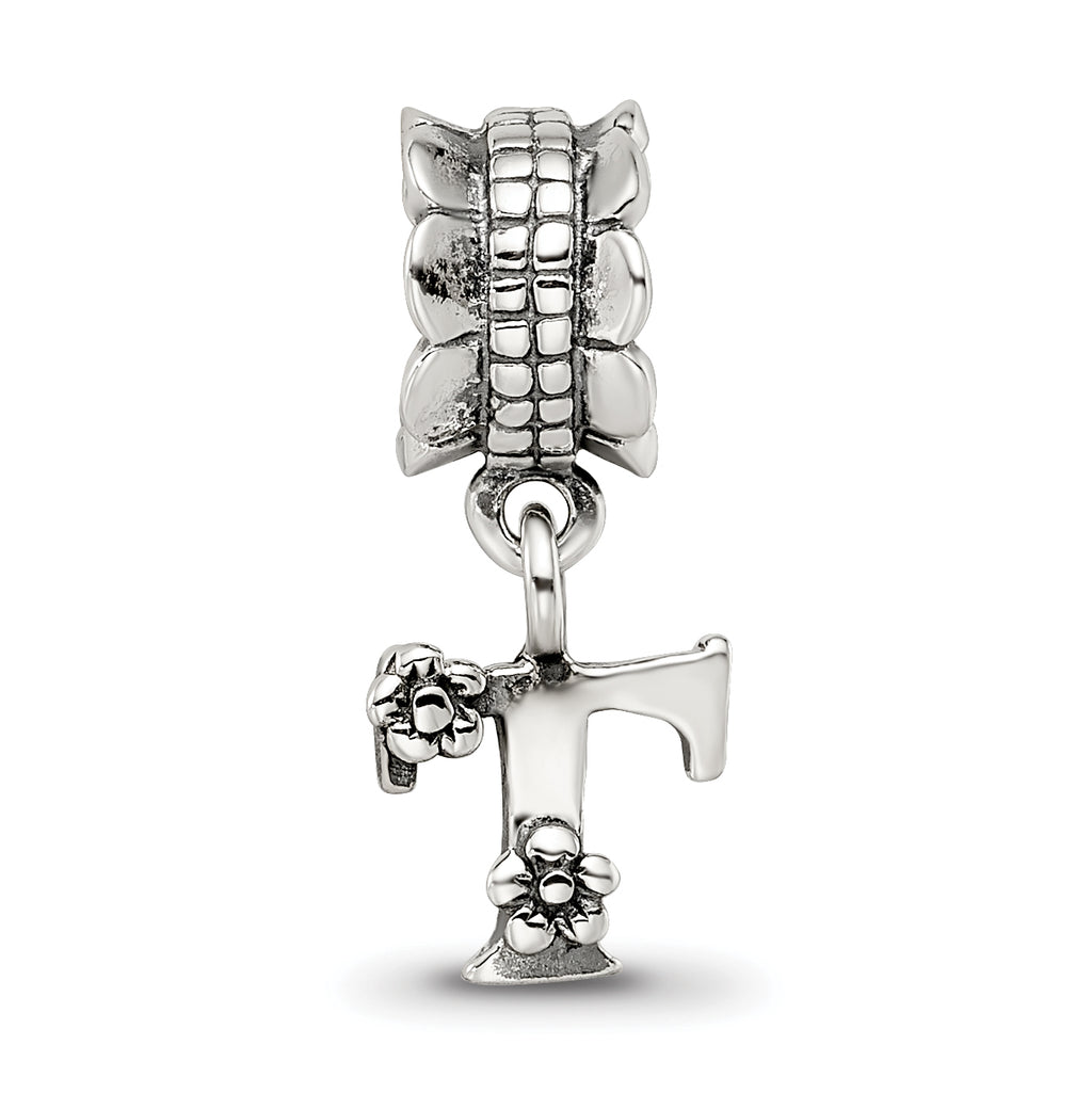 Sterling Silver 925 Antiqued Letter T Dangle Bead Lightweight Solid Charm