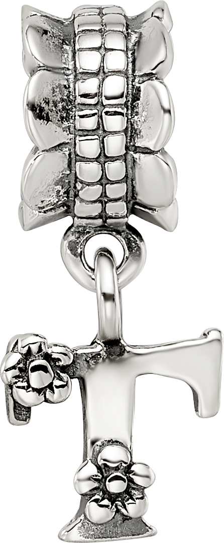 Sterling Silver 925 Antiqued Letter T Dangle Bead Lightweight Solid Charm