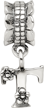 Sterling Silver 925 Antiqued Letter T Dangle Bead Lightweight Solid Charm