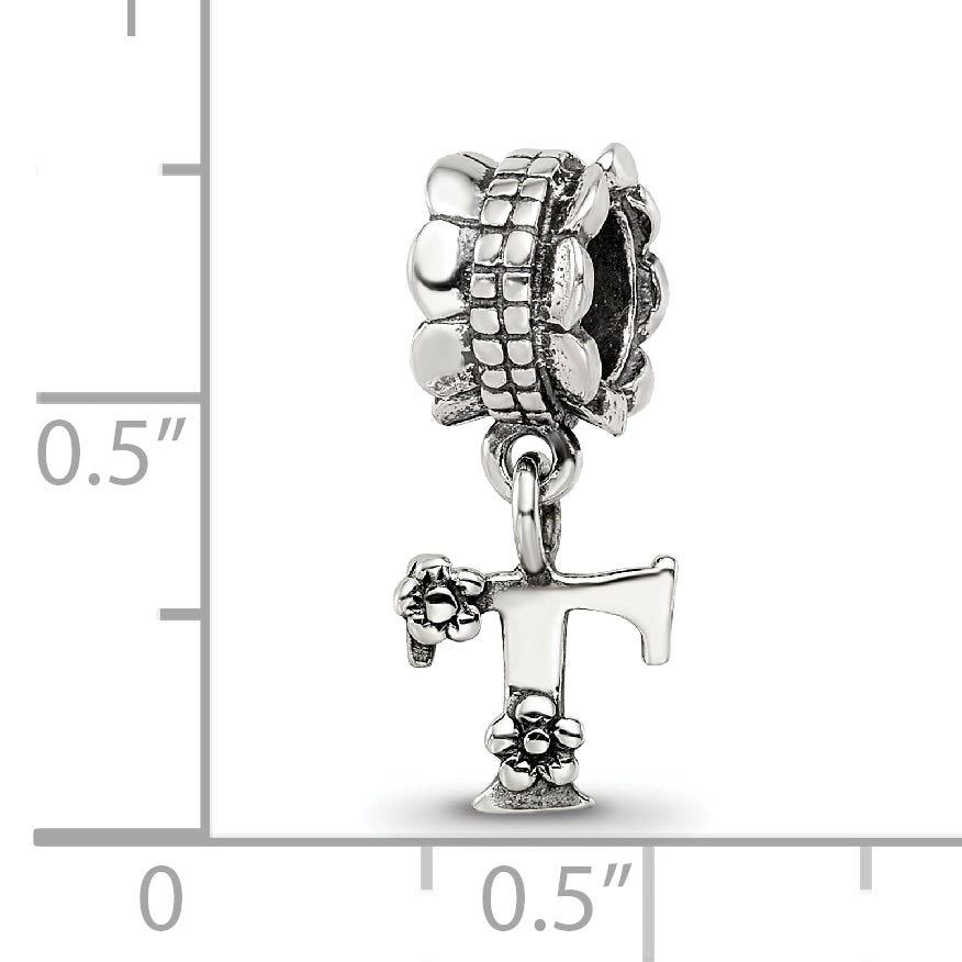 Sterling Silver 925 Antiqued Letter T Dangle Bead Lightweight Solid Charm