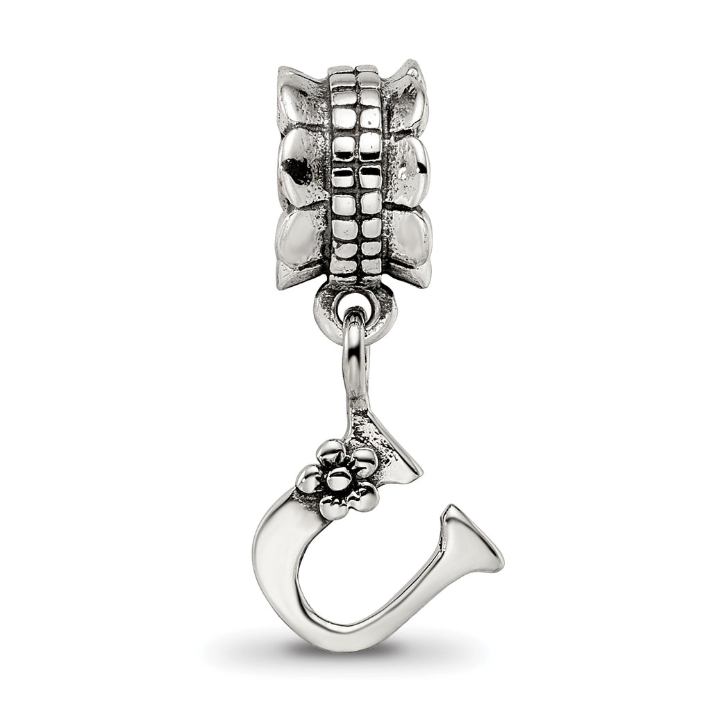 Sterling Silver 925 U Dangle Bead with Antiqued Finish Alphabet Charm