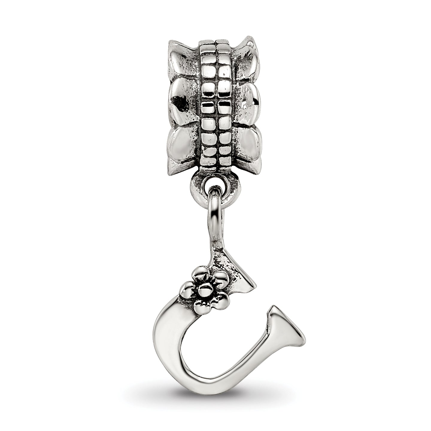 Sterling Silver 925 U Dangle Bead with Antiqued Finish Alphabet Charm