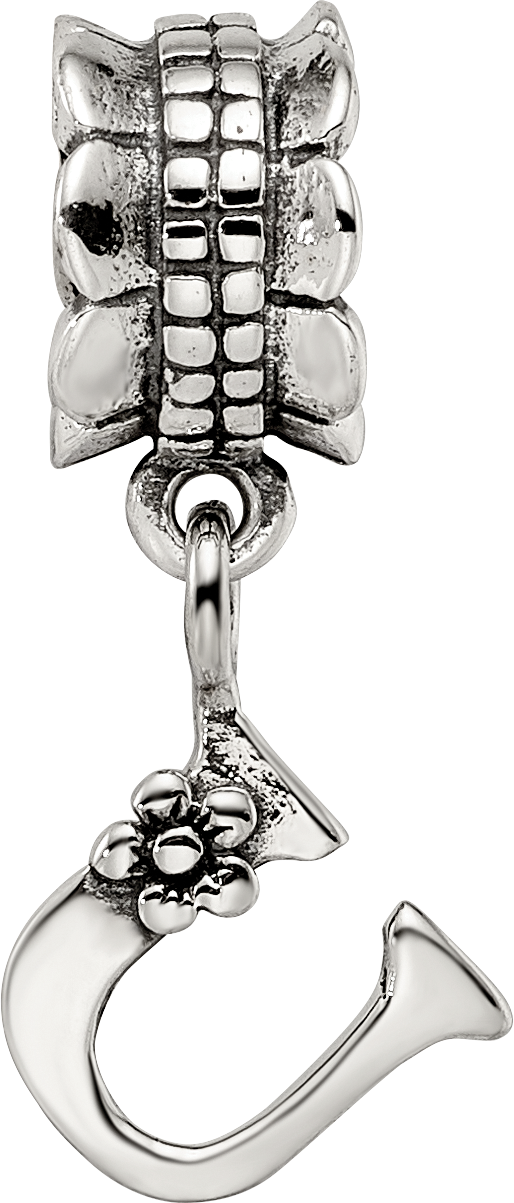 Sterling Silver 925 U Dangle Bead with Antiqued Finish Alphabet Charm