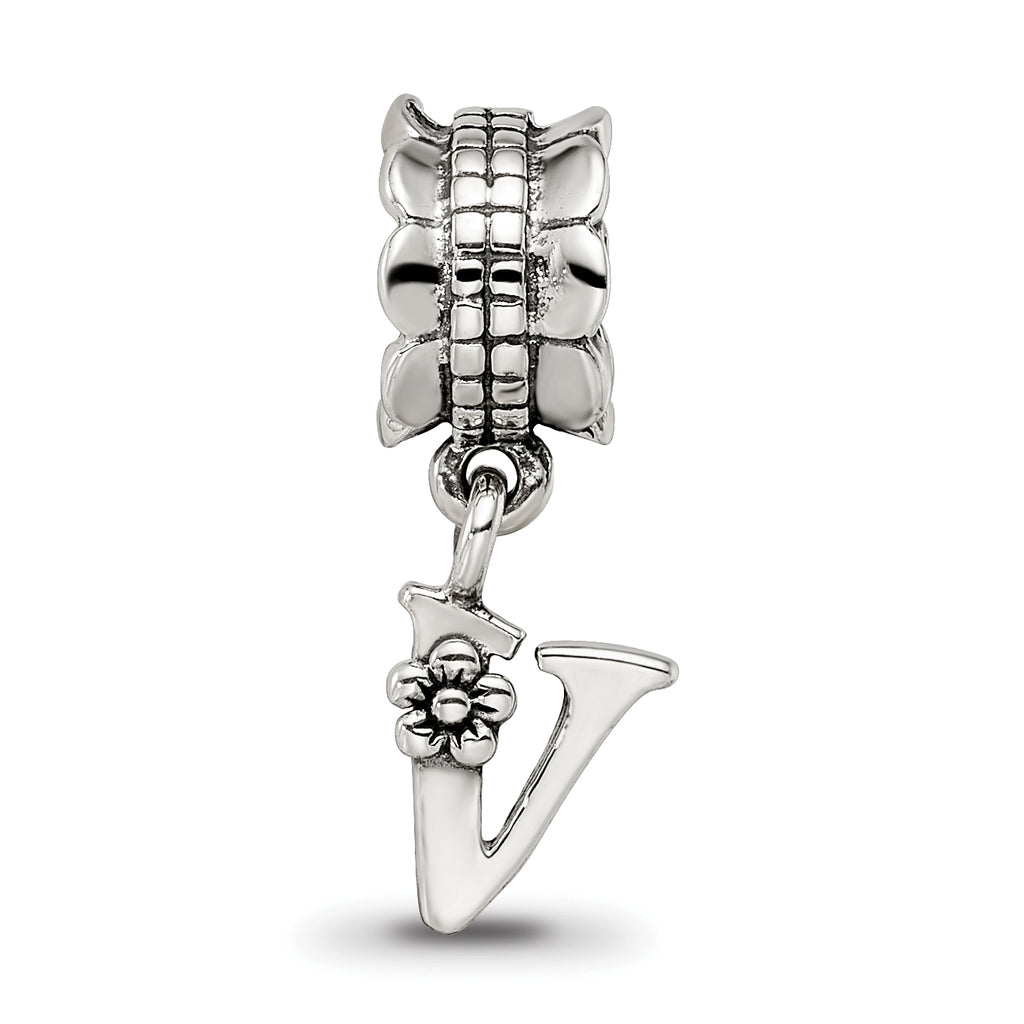 Sterling Silver 925 Letter V Dangle Bead with Antiqued Finish