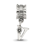 Sterling Silver 925 Letter V Dangle Bead with Antiqued Finish