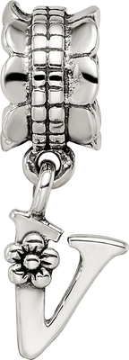 Sterling Silver 925 Letter V Dangle Bead with Antiqued Finish