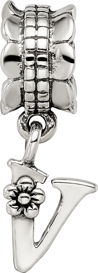Sterling Silver 925 Letter V Dangle Bead with Antiqued Finish