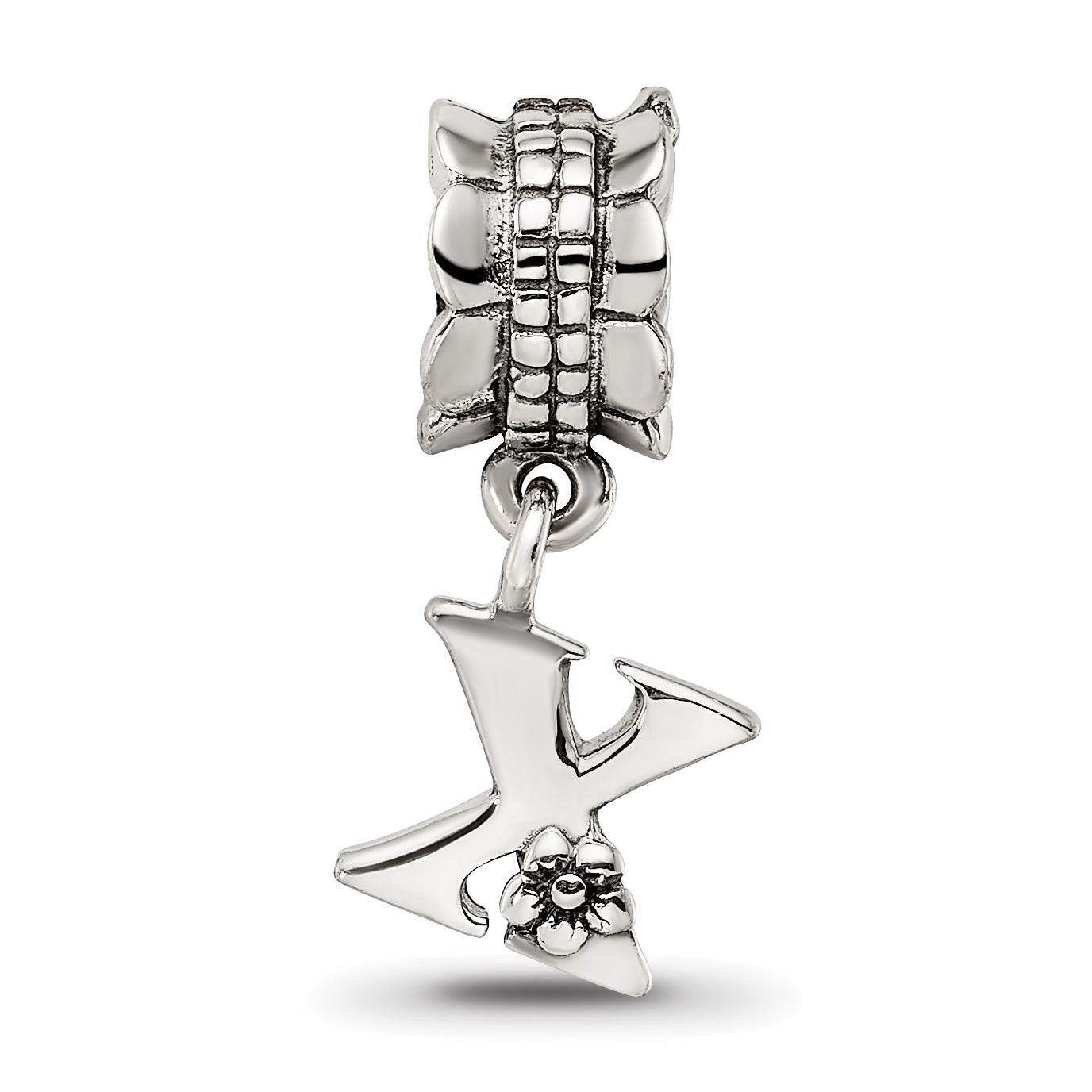 Sterling Silver 925 Letter X Dangle Bead with Antiqued Finish Solid Cast Design