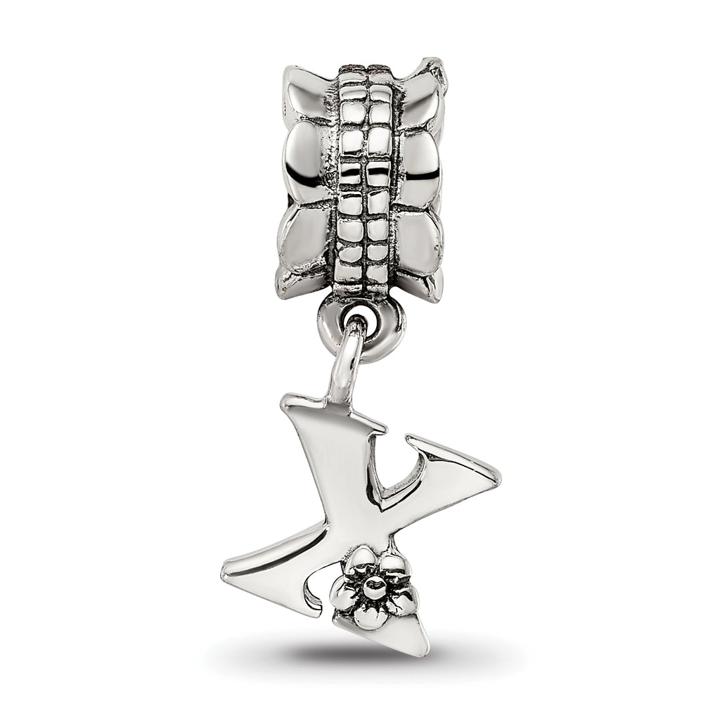 Sterling Silver 925 Letter X Dangle Bead with Antiqued Finish Solid Cast Design