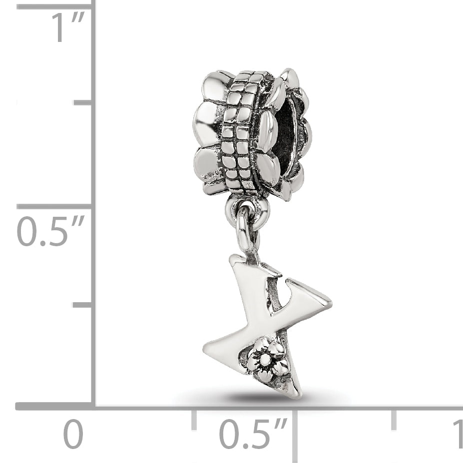 Sterling Silver 925 Letter X Dangle Bead with Antiqued Finish Solid Cast Design