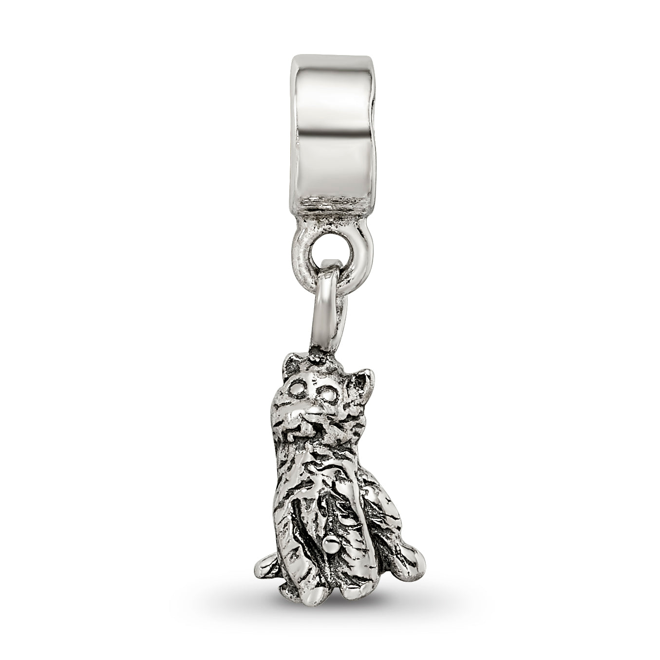 Sterling Silver 925 Cat Dangle Bead for Kids with Antiqued Finish