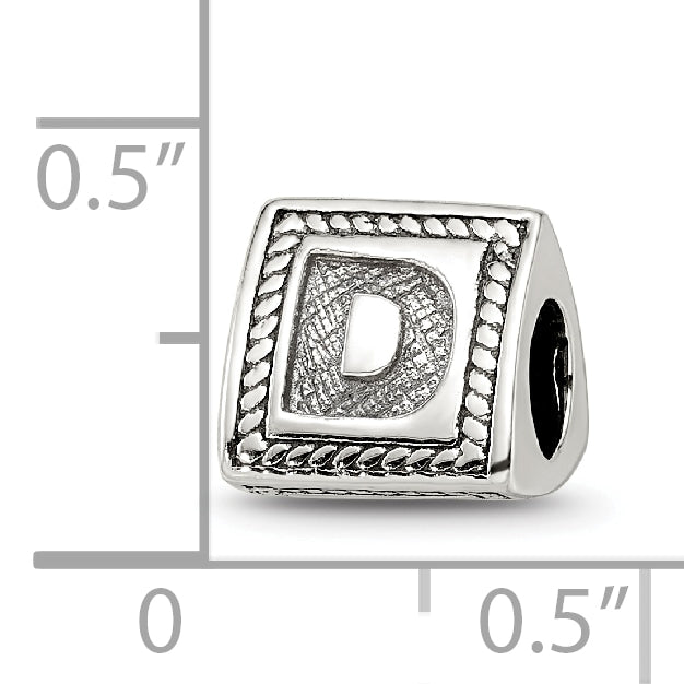 Sterling Silver 925 Antiqued Letter D Bead with Solid Triangle Block Design
