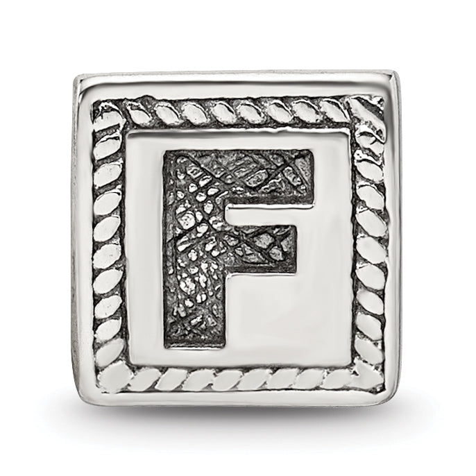 Sterling Silver 925 Block Bead with Antiqued Letter F Solid Design