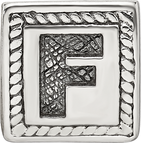 Sterling Silver 925 Block Bead with Antiqued Letter F Solid Design