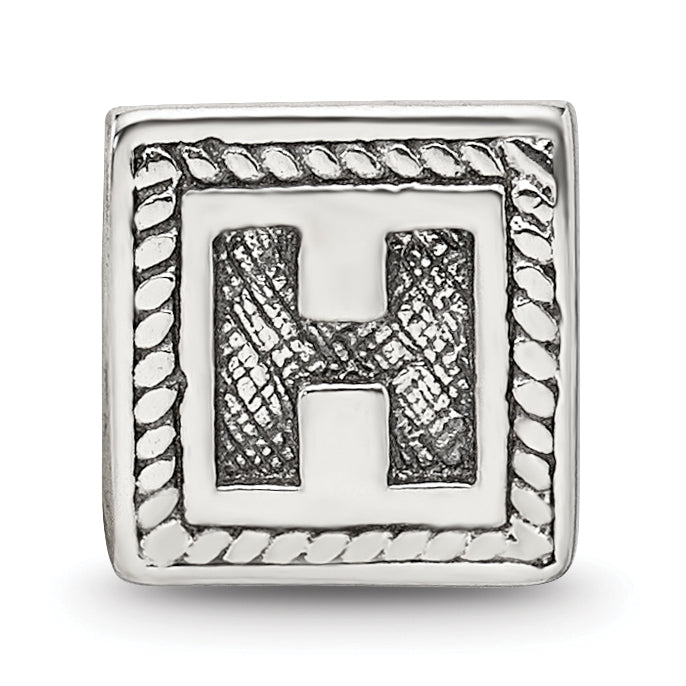 Sterling Silver 925 Letter H Block Bead with Antiqued Finish