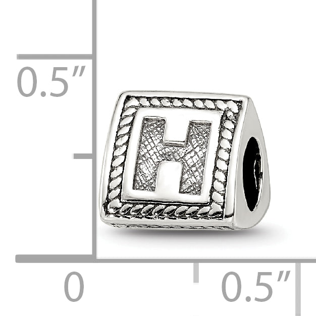 Sterling Silver 925 Letter H Block Bead with Antiqued Finish