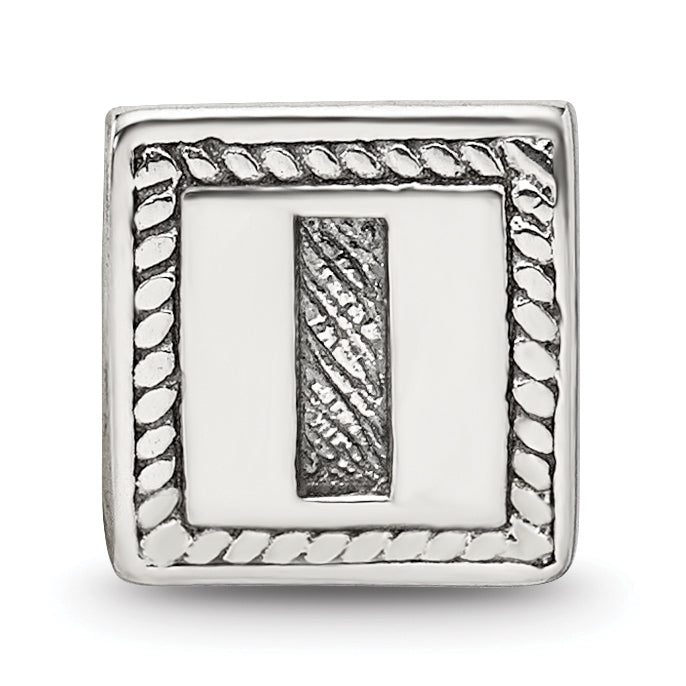 Sterling Silver Antiqued Letter I Block Bead, Solid 925 Casted Charm
