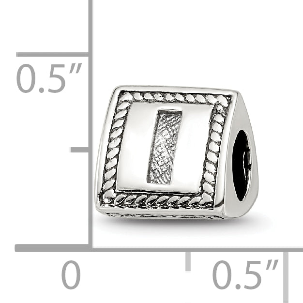 Sterling Silver Antiqued Letter I Block Bead, Solid 925 Casted Charm