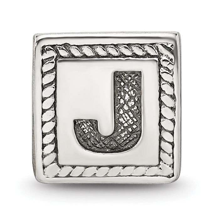Sterling Silver 925 Antiqued Letter J Block Bead Solid Cast Design