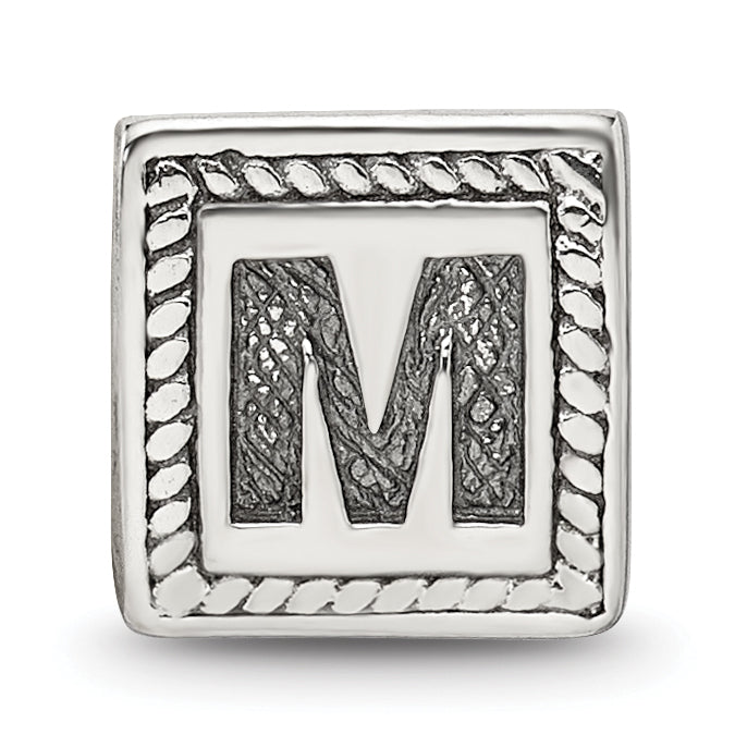 Sterling Silver 925 Triangle Block Letter M Bead with Antiqued Finish
