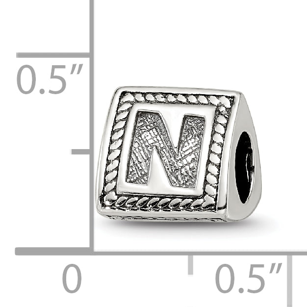 Sterling Silver 925 Antiqued Letter N Bead for Charm Bracelet