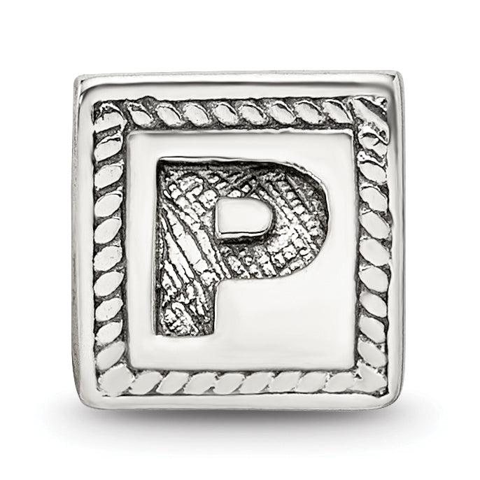 Sterling Silver 925 Antiqued Letter P Block Bead Solid Stylish Charm
