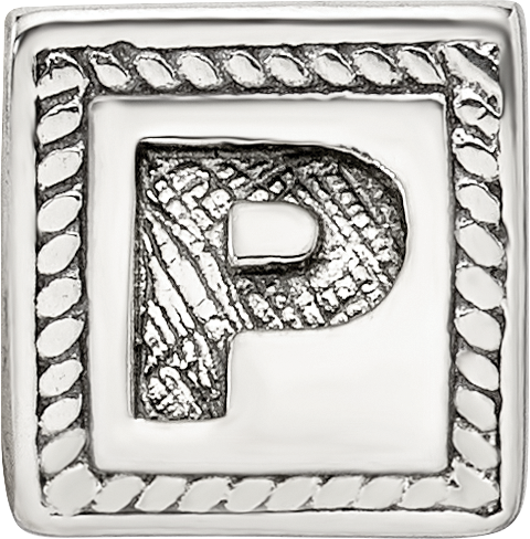 Sterling Silver 925 Antiqued Letter P Block Bead Solid Stylish Charm