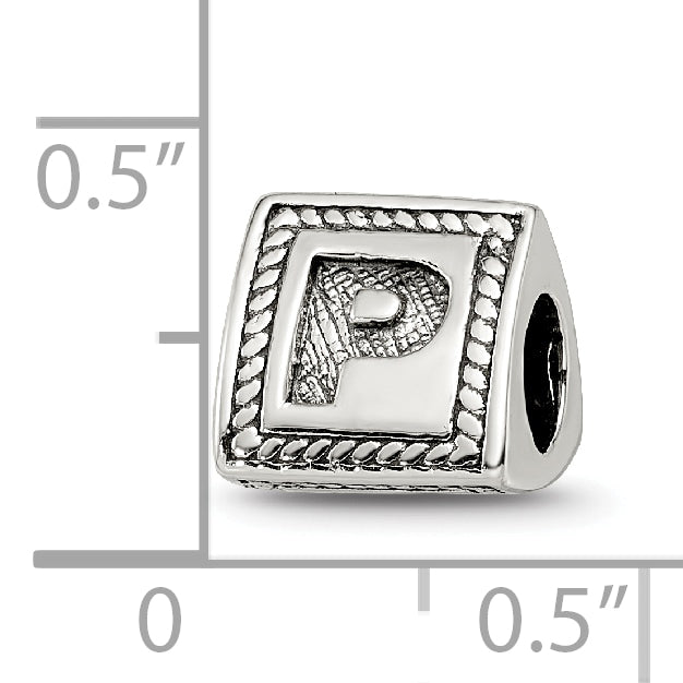 Sterling Silver 925 Antiqued Letter P Block Bead Solid Stylish Charm
