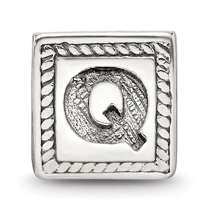 Sterling Silver 925 Antiqued Letter Q Triangle Block Bead, Solid & Casted