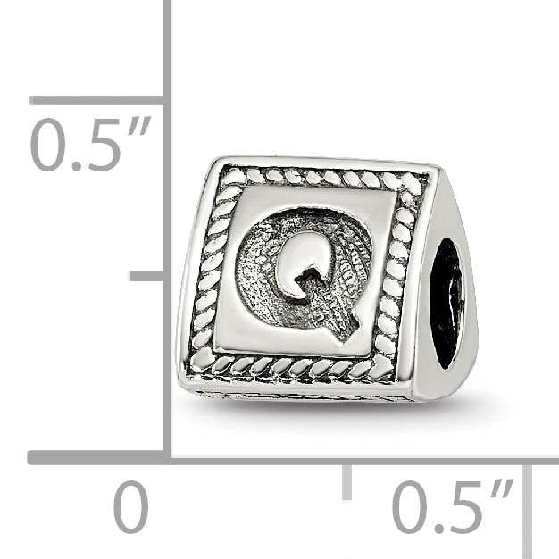Sterling Silver 925 Antiqued Letter Q Triangle Block Bead, Solid & Casted
