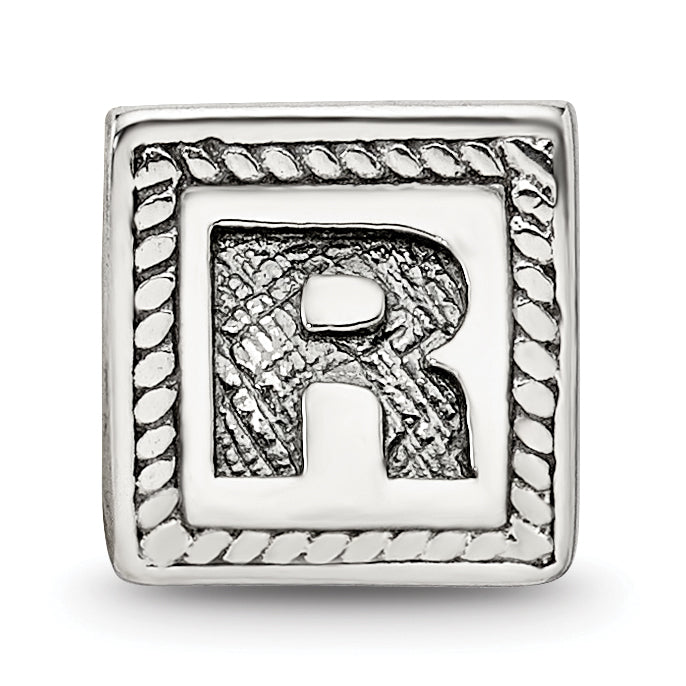 Sterling Silver 925 Letter R Bead with Antiqued Finish Block Design