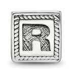 Sterling Silver 925 Letter R Bead with Antiqued Finish Block Design