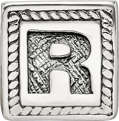 Sterling Silver 925 Letter R Bead with Antiqued Finish Block Design