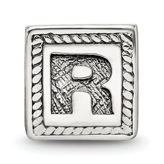 Sterling Silver 925 Letter R Bead with Antiqued Finish Block Design