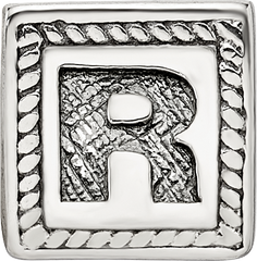 Sterling Silver 925 Letter R Bead with Antiqued Finish Block Design