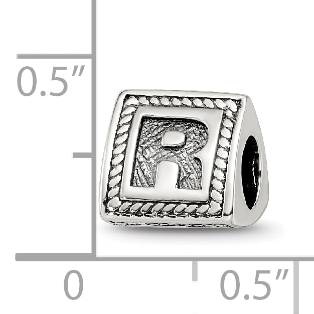 Sterling Silver 925 Letter R Bead with Antiqued Finish Block Design