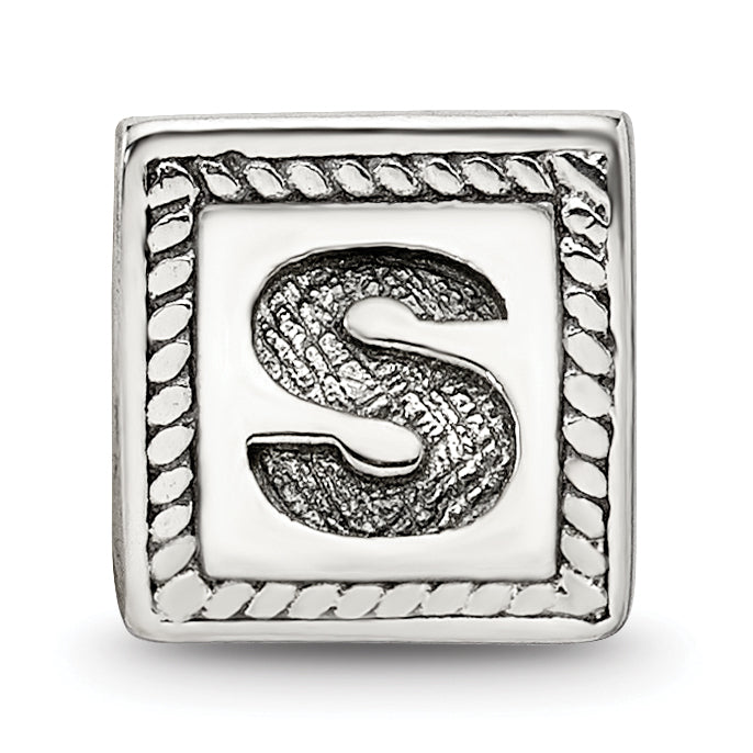 Sterling Silver 925 Antiqued Letter S Block Bead Charm Solid Elegant Design