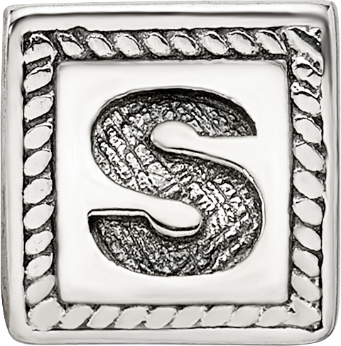 Sterling Silver 925 Antiqued Letter S Block Bead Charm Solid Elegant Design
